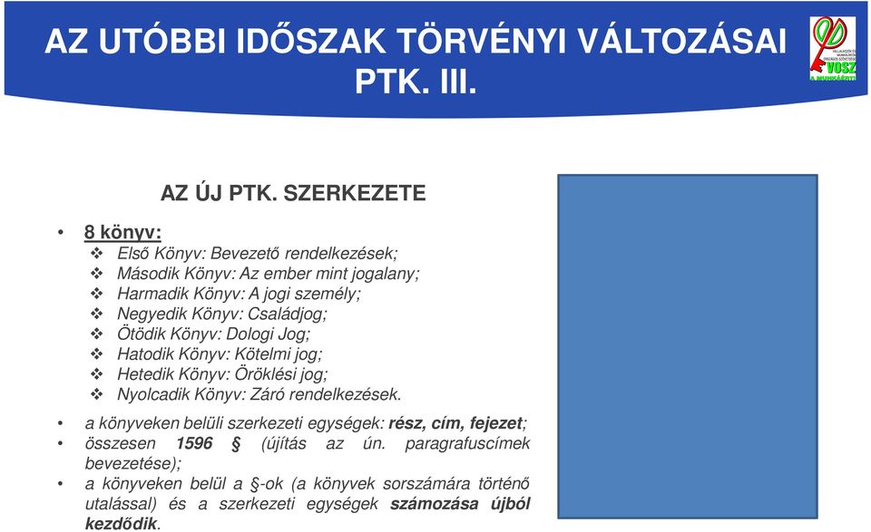 Negyedik Könyv: Családjog; Ötödik Könyv: Dologi Jog; Hatodik Könyv: Kötelmi jog; Hetedik Könyv: Öröklési jog; Nyolcadik Könyv: Záró