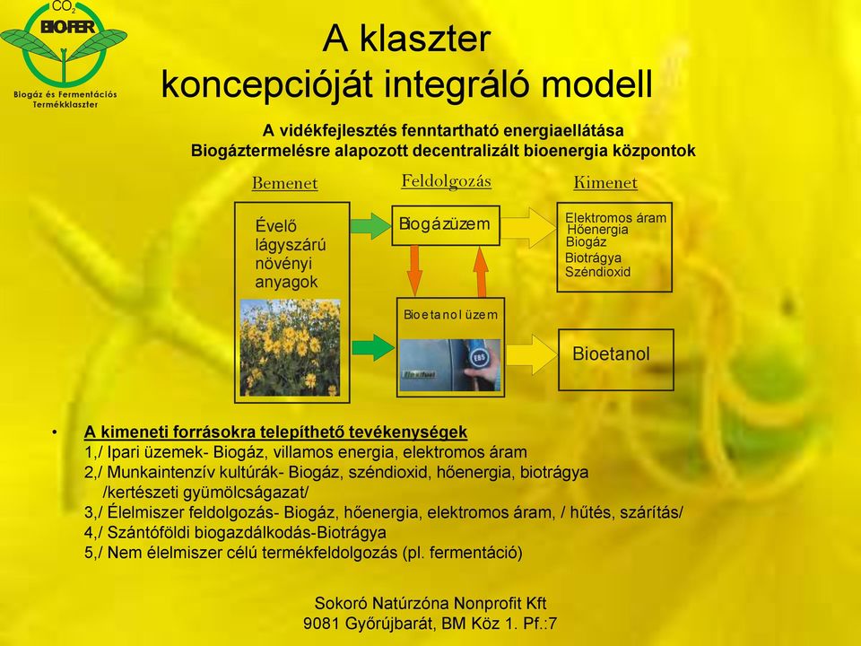 tevékenységek 1,/ Ipari üzemek- Biogáz, villamos energia, elektromos áram 2,/ Munkaintenzív kultúrák- Biogáz, széndioxid, hőenergia, biotrágya /kertészeti gyümölcságazat/