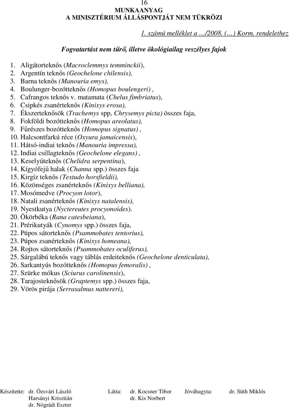Csipkés zsanérteknıs (Kinixys erosa), 7. Ékszerteknısök (Trachemys spp, Chrysemys picta) összes faja, 8. Fokföldi bozótteknıs (Homopus areolatus), 9. Főrészes bozótteknıs (Homopus signatus), 10.