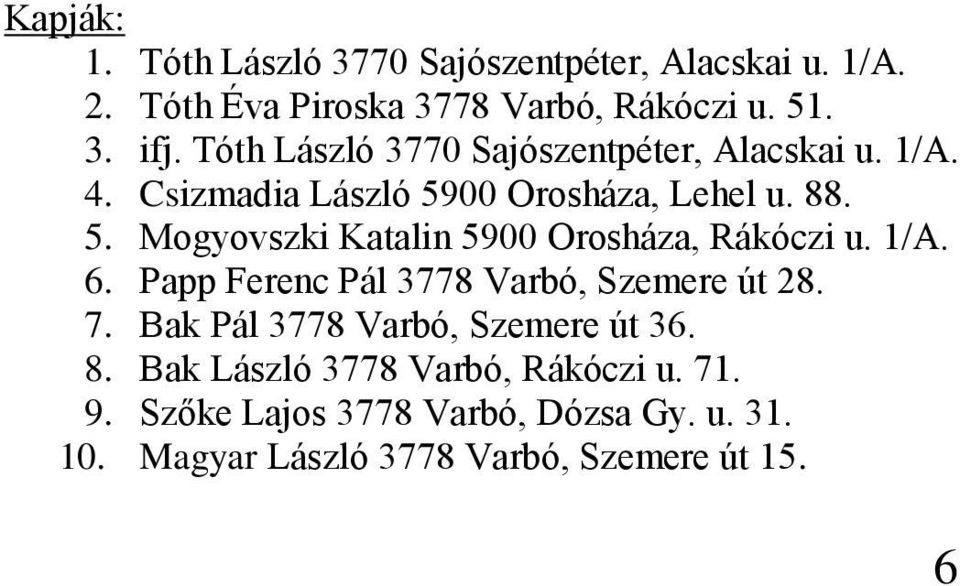1/A. 6. Papp Ferenc Pál 3778 Varbó, Szemere út 28. 7. Bak Pál 3778 Varbó, Szemere út 36. 8.