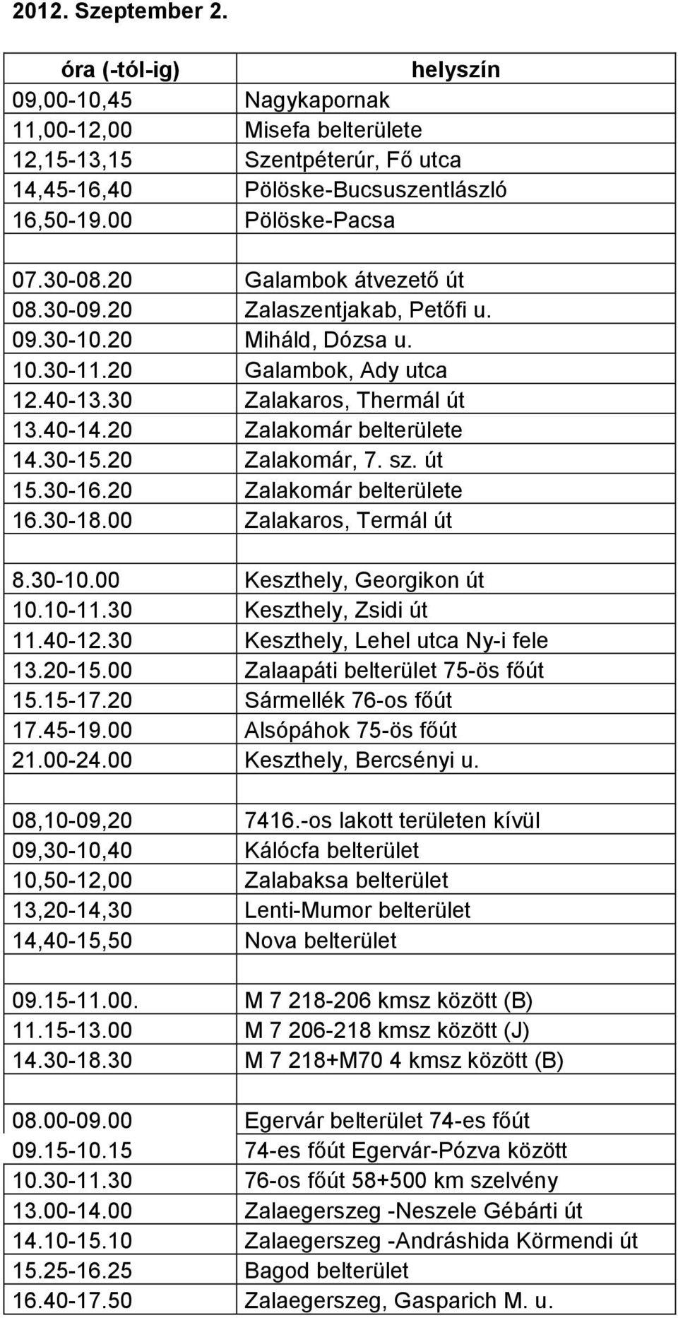 20 Zalakomár, 7. sz. út 15.30-16.20 Zalakomár belterülete 16.30-18.00 Zalakaros, Termál út 8.30-10.00 Keszthely, Georgikon út 10.10-11.30 Keszthely, Zsidi út 11.40-12.