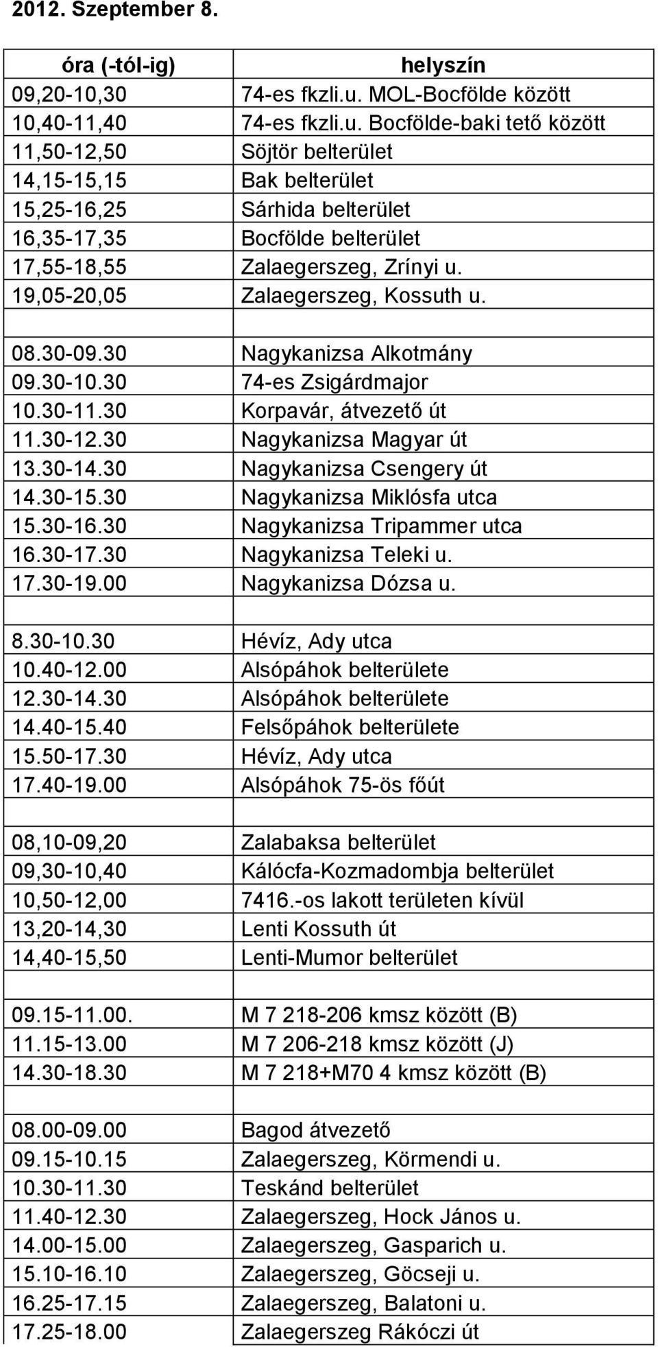 Bocfölde-baki tető között 11,50-12,50 Söjtör belterület 14,15-15,15 Bak belterület 15,25-16,25 Sárhida belterület 16,35-17,35 Bocfölde belterület 17,55-18,55 Zalaegerszeg, Zrínyi u.