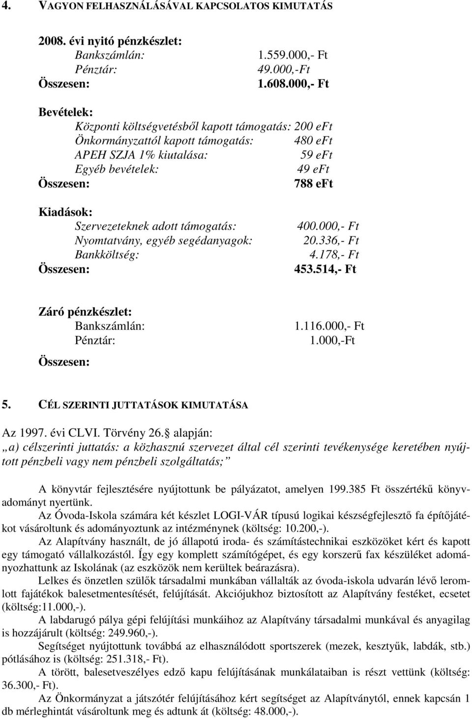 Szervezeteknek adott támogatás: Nyomtatvány, egyéb segédanyagok: Bankköltség: 400.000,- Ft 20.336,- Ft 4.178,- Ft 453.514,- Ft Záró pénzkészlet: Bankszámlán: Pénztár: 1.116.000,- Ft 1.000,-Ft 5.