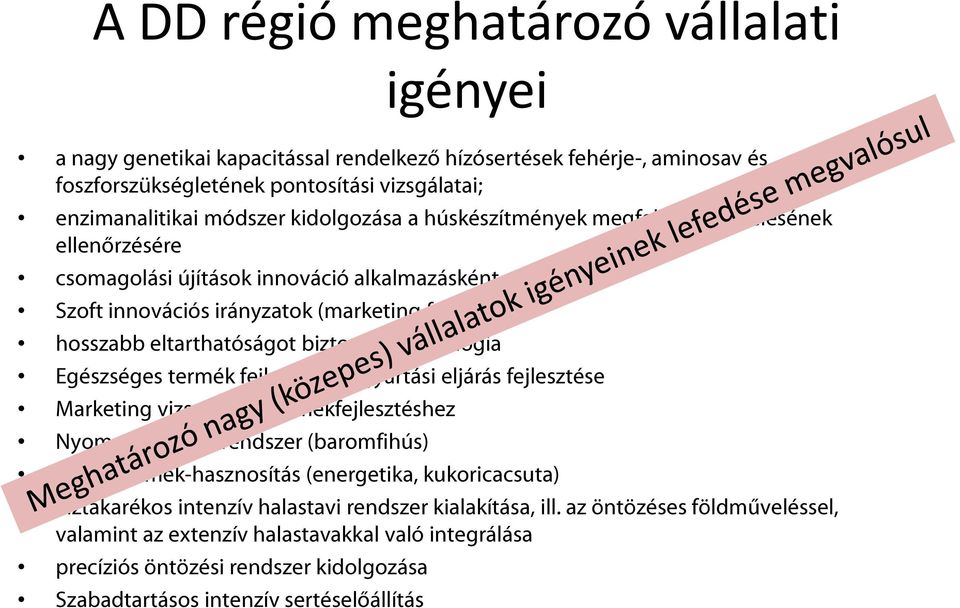 Egészséges termék fejlesztése + gyártási eljárás fejlesztése Marketing vizsgálatok termékfejlesztéshez Nyomonkövetési rendszer (baromfihús) Melléktermék-hasznosítás (energetika, kukoricacsuta)