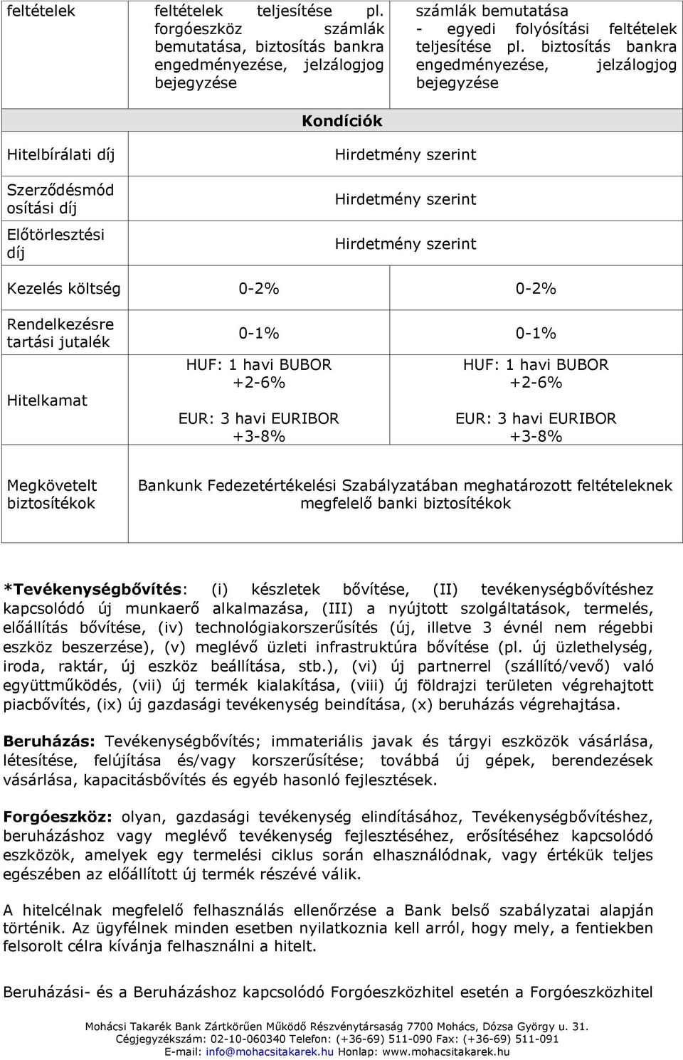 költség 0-2% 0-2% Rendelkezésre tartási jutalék Hitelkamat 0-1% 0-1% HUF: 1 havi BUBOR +2-6% EUR: 3 havi EURIBOR +3-8% HUF: 1 havi BUBOR +2-6% EUR: 3 havi EURIBOR +3-8% Megkövetelt biztosítékok