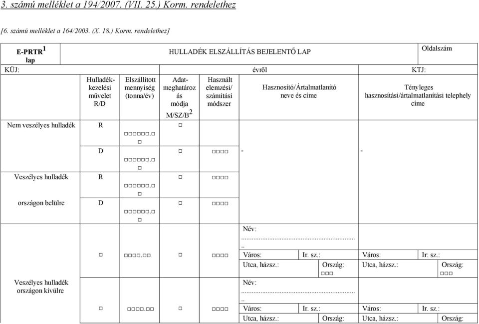 rendelethez] E-PRTR 1 HULLADÉK ELSZÁLLÍTÁS BEJELENTŐ LAP Oldalszám lap KÜJ: évről KTJ: Hulladékkezelési művelet R/D Elszállított mennyiség (tonna/év)