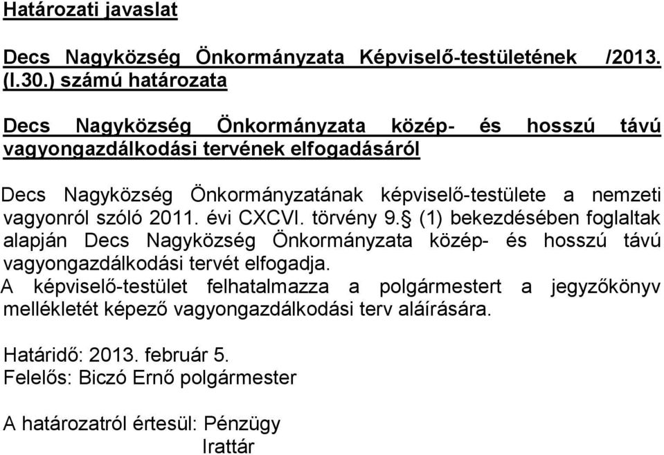 képviselő-testülete a nemzeti vagyonról szóló 2011. évi CXCVI. törvény 9.