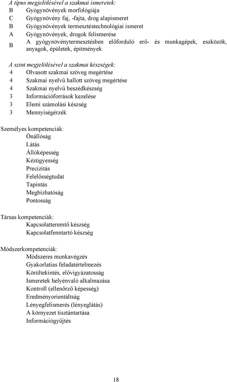 hallott szöveg megértése 4 Szakmai nyelvű beszédkészség 3 Információforrások kezelése 3 Elemi számolási készség 3 Mennyiségérzék Személyes kompetenciák: Önállóság Látás Állóképesség Kézügyesség