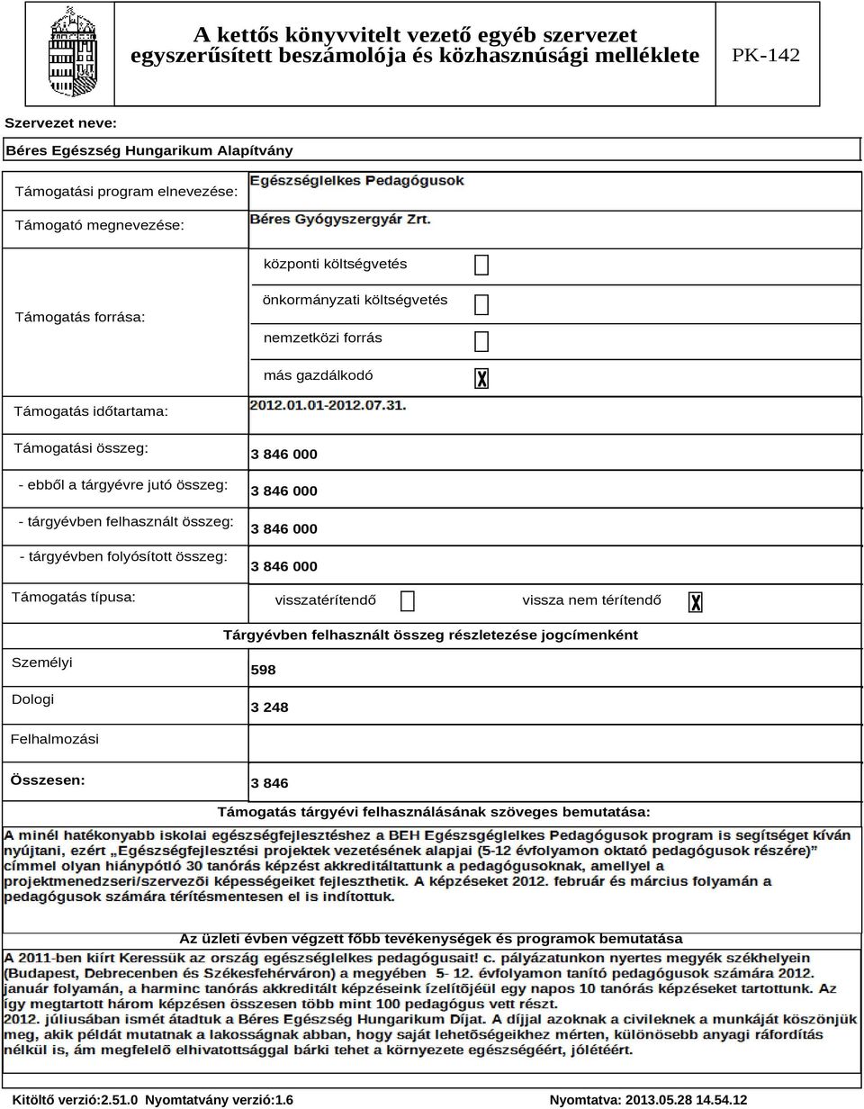 típusa: 3 846 000 3 846 000 3 846 000 3 846 000 visszatérítendő vissza nem térítendő Tárgyévben felhasznált összeg részletezése jogcímenként Személyi