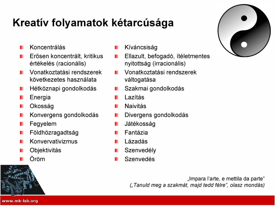 Kíváncsiság Ellazult, befogadó, ítéletmentes nyitottság (irracionális) Vonatkoztatási rendszerek váltogatása Szakmai gondolkodás Lazítás