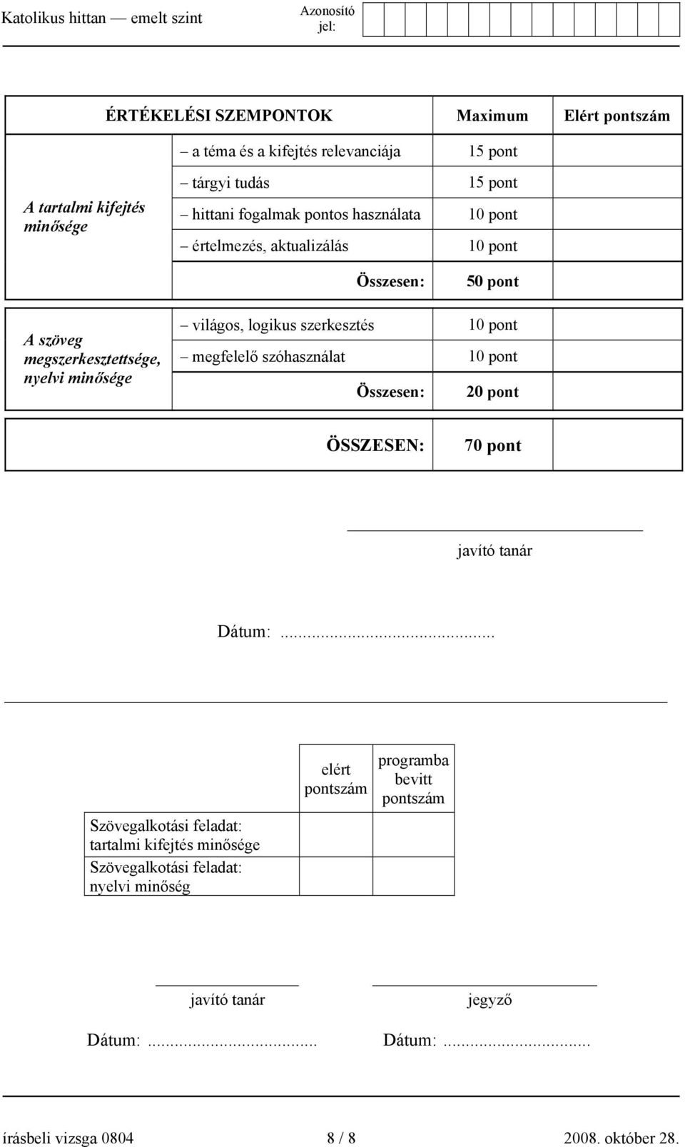 pont megfelelő szóhasználat 10 pont Összesen: 20 pont ÖSSZESEN: 70 pont javító tanár Dátum:.