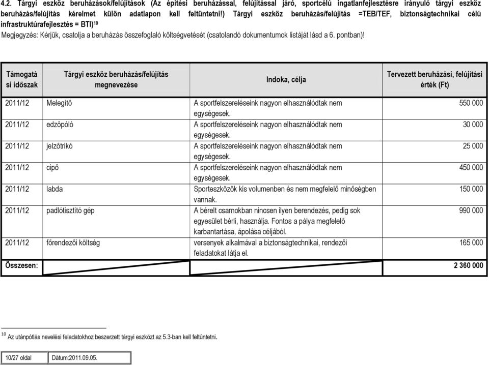 ) Tárgyi eszköz beruházás/felújítás =TEB/TEF, biztonságtechnikai célú infrastruktúrafejlesztés = BTI) 1 Megjegyzés: Kérjük, csatolja a beruházás összefoglaló költségvetését (csatolandó dokumentumok