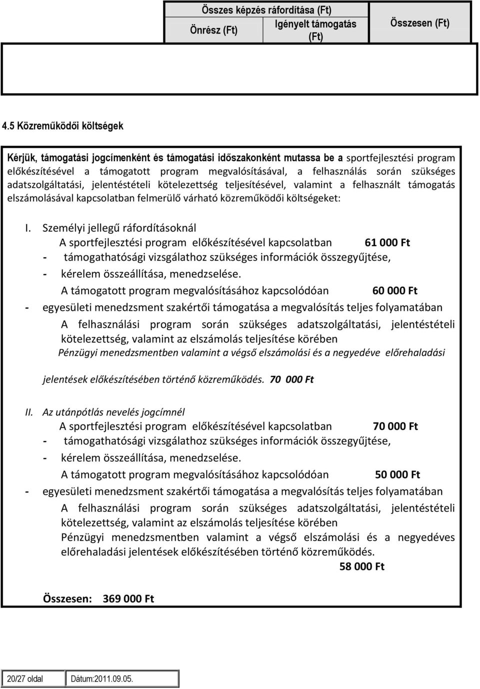 szükséges adatszolgáltatási, jelentéstételi kötelezettség teljesítésével, valamint a felhasznált támogatás elszámolásával kapcsolatban felmerülő várható közreműködői költségeket: I.