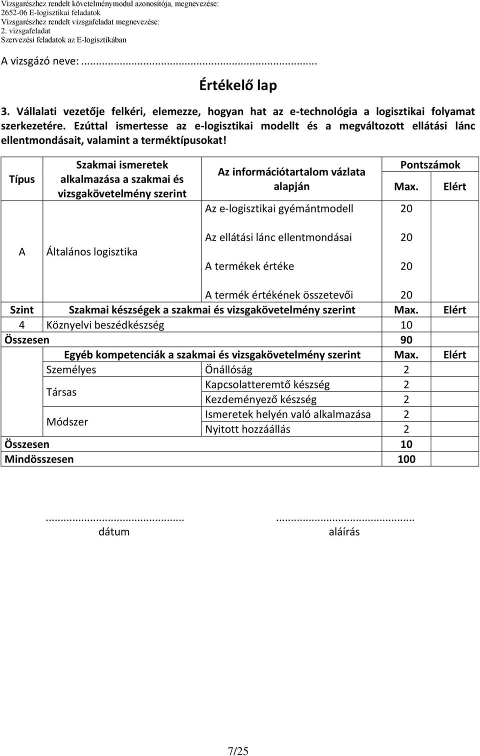 Típus Szakmai ismeretek alkalmazása a szakmai és vizsgakövetelmény szerint z információtartalom vázlata alapján z e-logisztikai gyémántmodell Pontszámok Max.