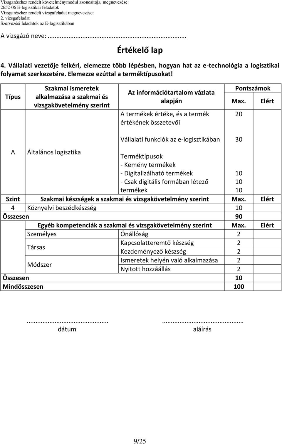 Elért Általános logisztika Vállalati funkciók az e-logisztikában Terméktípusok - Kemény termékek - Digitalizálható termékek - Csak digitális formában létező termékek Szint Szakmai készségek a szakmai