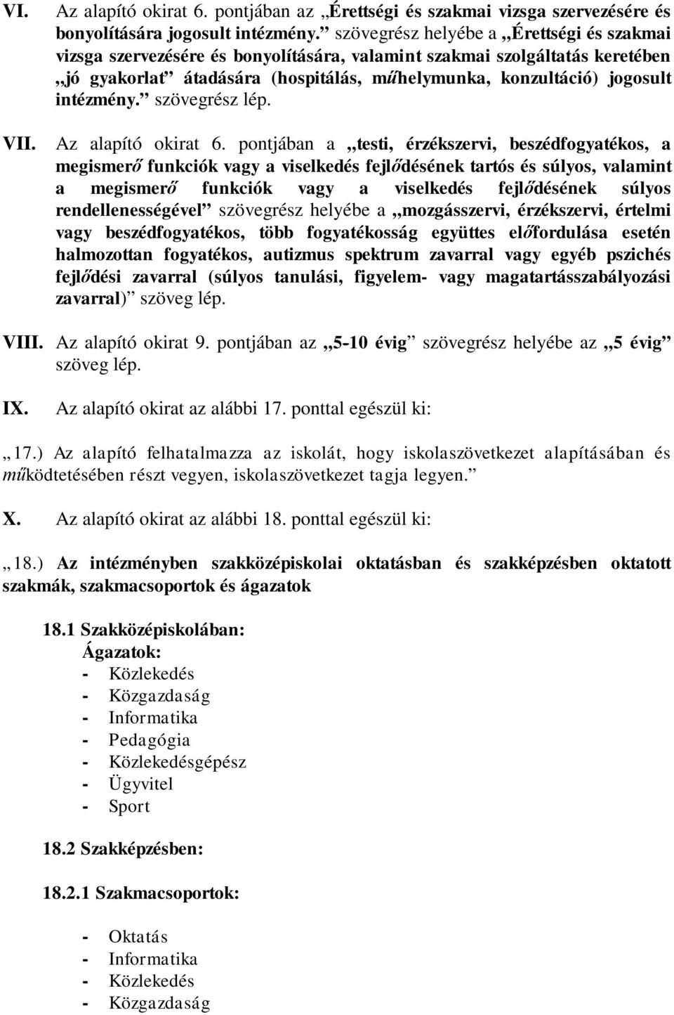 intézmény. szövegrész lép. VII. Az alapító okirat 6.