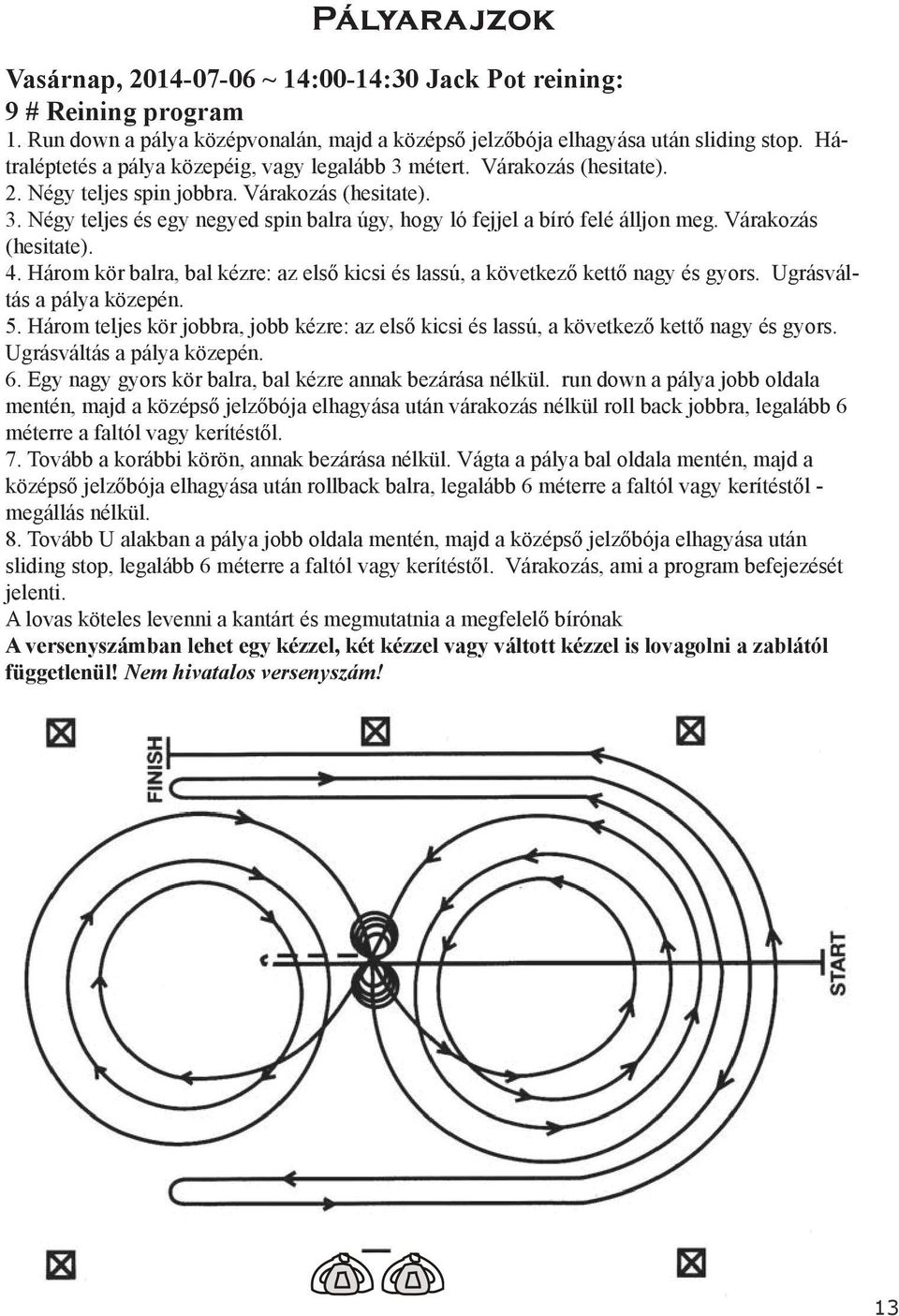 Várakozás (hesitate). 4. Három kör balra, bal kézre: az első kicsi és lassú, a következő kettő nagy és gyors. Ugrásváltás a pálya közepén. 5.