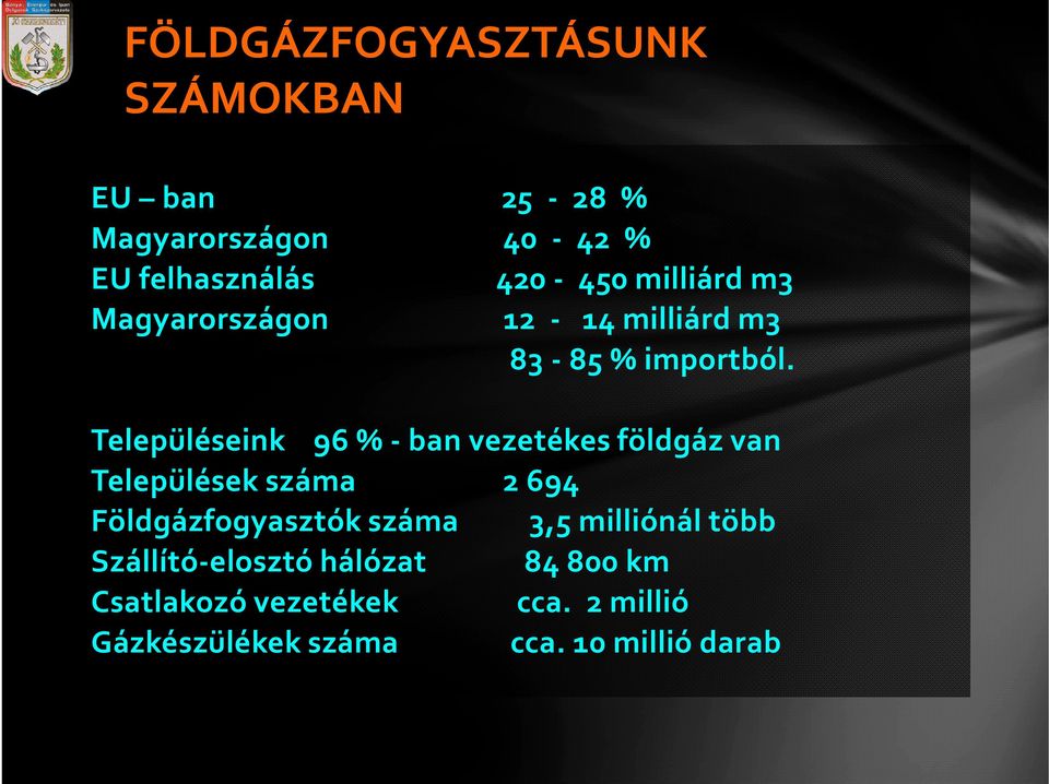Településeink 96 % - ban vezetékes földgáz van Települések száma 2 694 Földgázfogyasztók száma