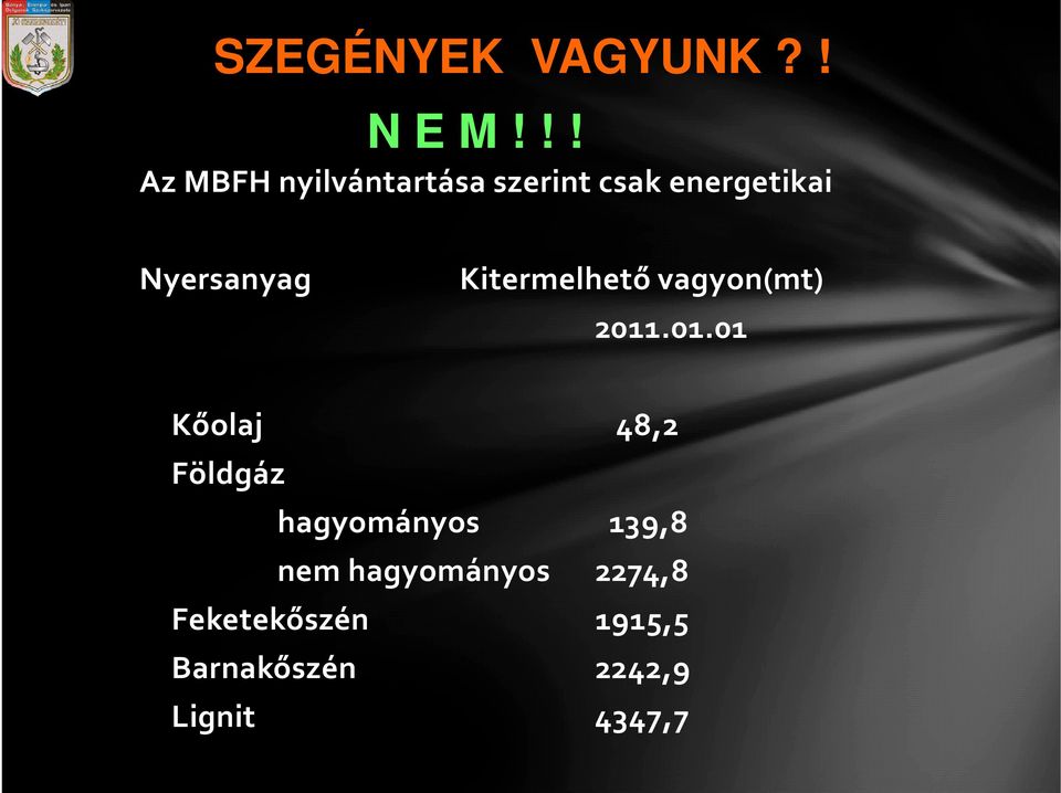 Nyersanyag Kitermelhető vagyon(mt) 2011