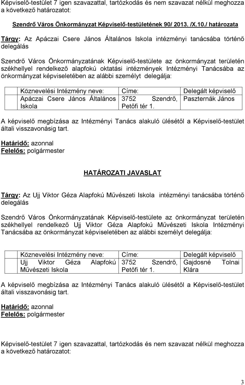 alapfokú oktatási intézmények Intézményi Tanácsába az önkormányzat képviseletében az alábbi személyt delegálja: Köznevelési Intézmény neve: Címe: Delegált képviselő Apáczai Csere János Általános 3752