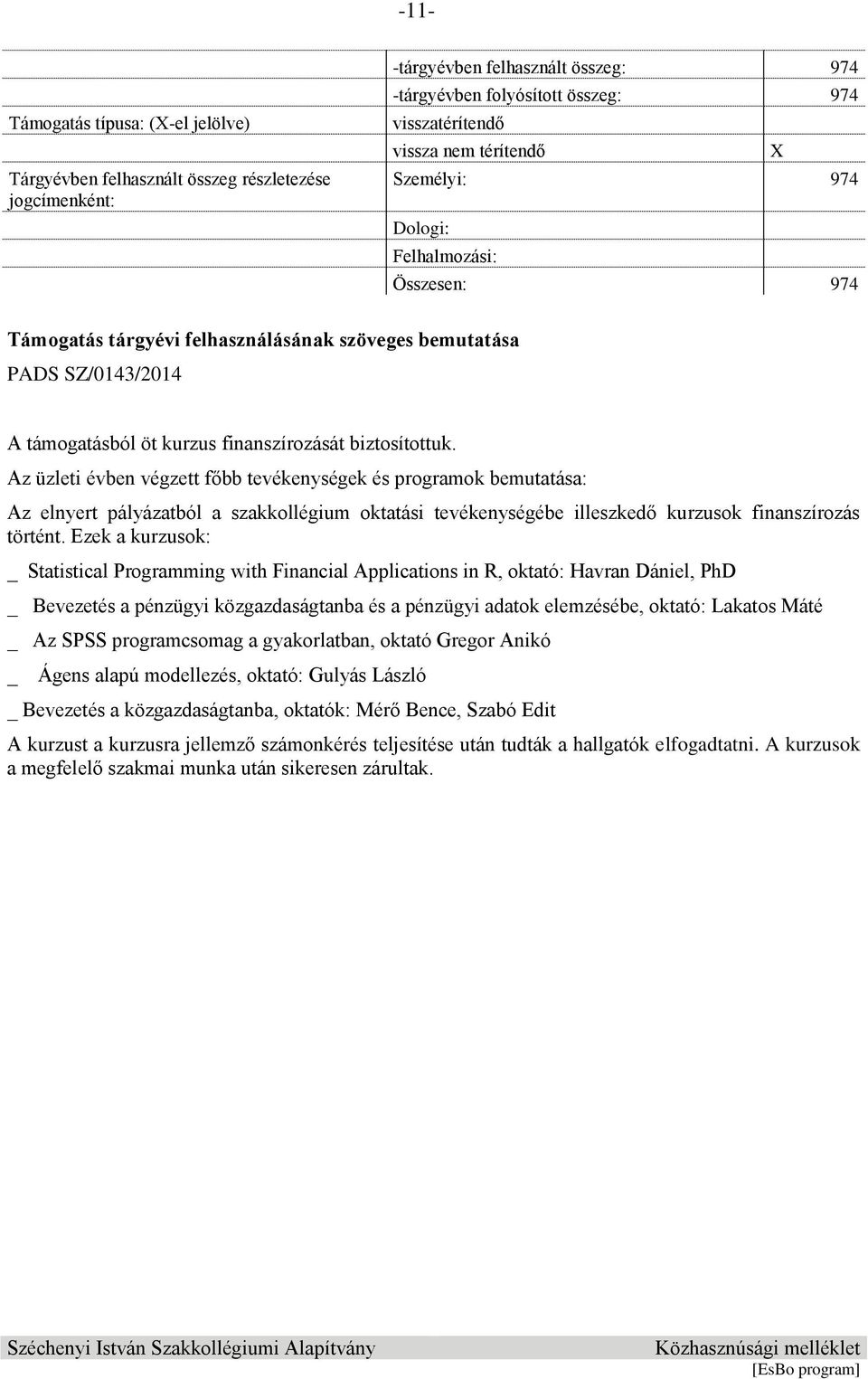Az üzleti évben végzett főbb tevékenységek és programok bemutatása: Az elnyert pályázatból a szakkollégium oktatási tevékenységébe illeszkedő kurzusok finanszírozás történt.