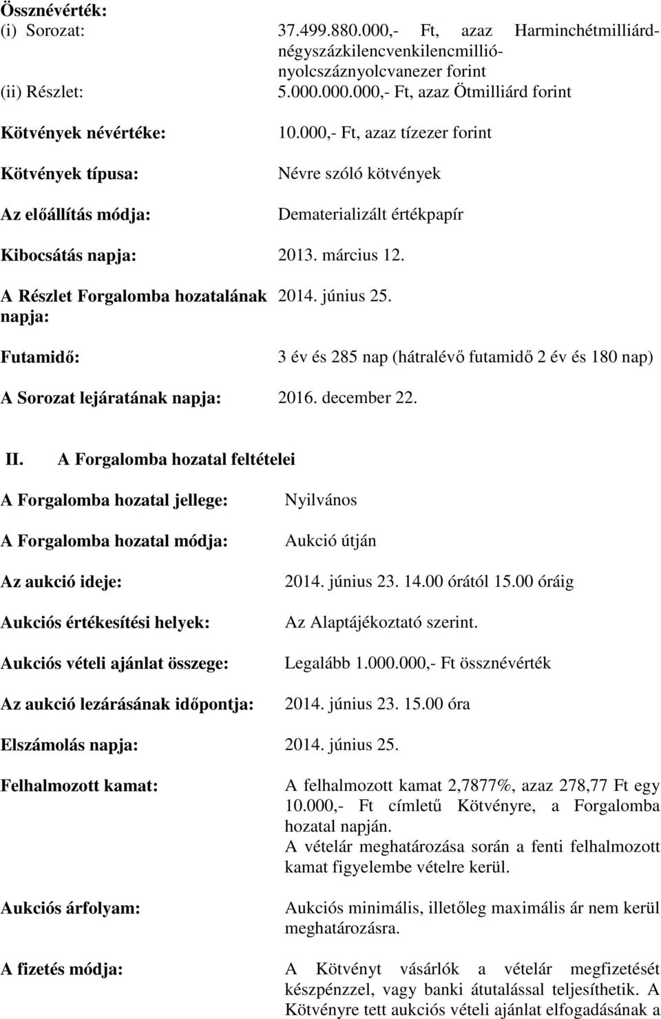 3 év és 285 nap (hátralévő futamidő 2 év és 180 nap) A Sorozat lejáratának napja: 2016. december 22. II.