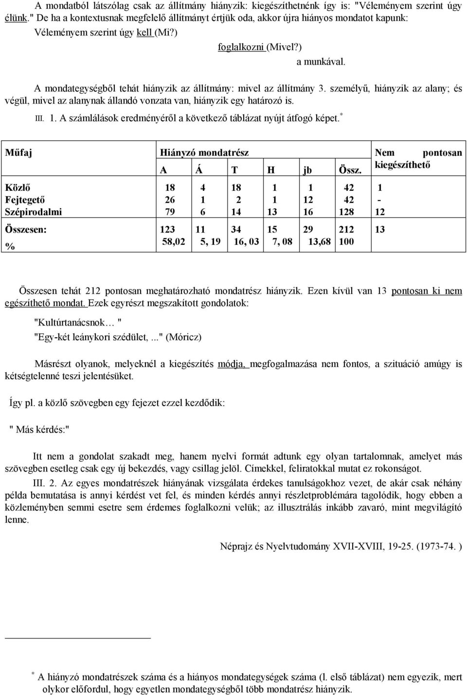 A mondategységből tehát hiányzik az állítmány: mivel az állítmány 3. személyű, hiányzik az alany; és végül, mivel az alanynak állandó vonzata van, hiányzik egy határozó is. III.