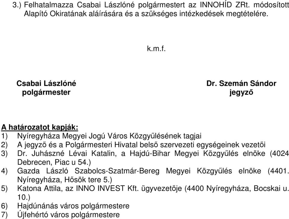 Szemán Sándor jegyző A határozatot kapják: 1) Nyíregyháza Megyei Jogú Város Közgyűlésének tagjai 2) A jegyző és a Polgármesteri Hivatal belső szervezeti egységeinek vezetői 3)
