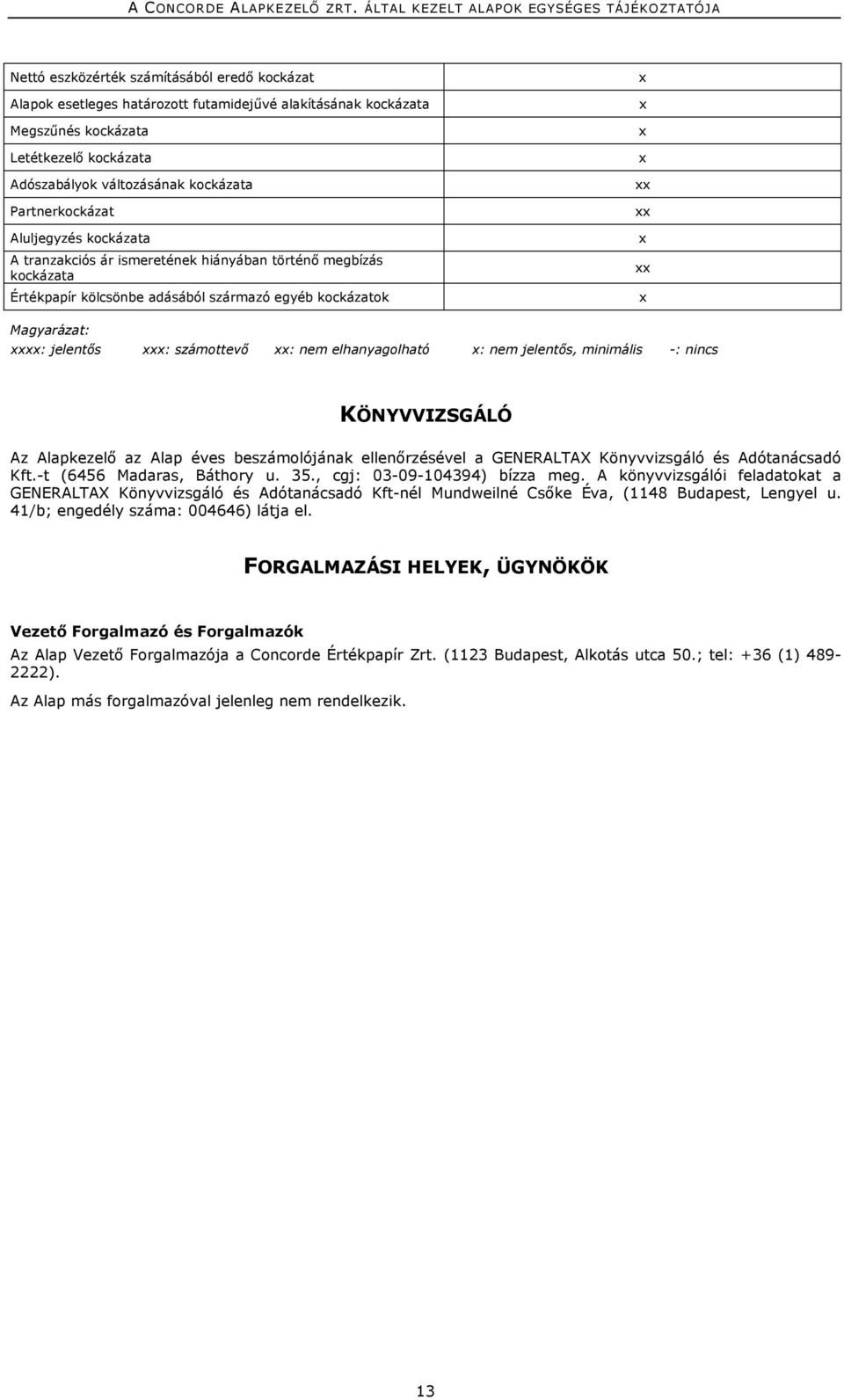 jelentős xxx: számottevő xx: nem elhanyagolható x: nem jelentős, minimális -: nincs KÖNYVVIZSGÁLÓ Az Alapkezelő az Alap éves beszámolójának ellenőrzésével a GENERALTAX Könyvvizsgáló és Adótanácsadó