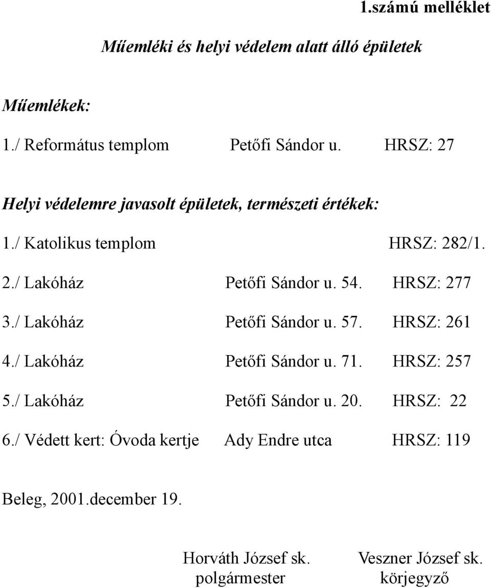 HRSZ: 277 3./ Lakóház Petőfi Sándor u. 57. HRSZ: 261 4./ Lakóház Petőfi Sándor u. 71. HRSZ: 257 5./ Lakóház Petőfi Sándor u. 20.