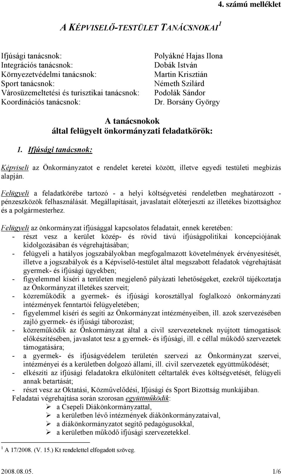 István Martin Krisztián Németh Szilárd Podolák Sándor Dr. Borsány György A tanácsnokok által felügyelt önkormányzati feladatkörök: 1.