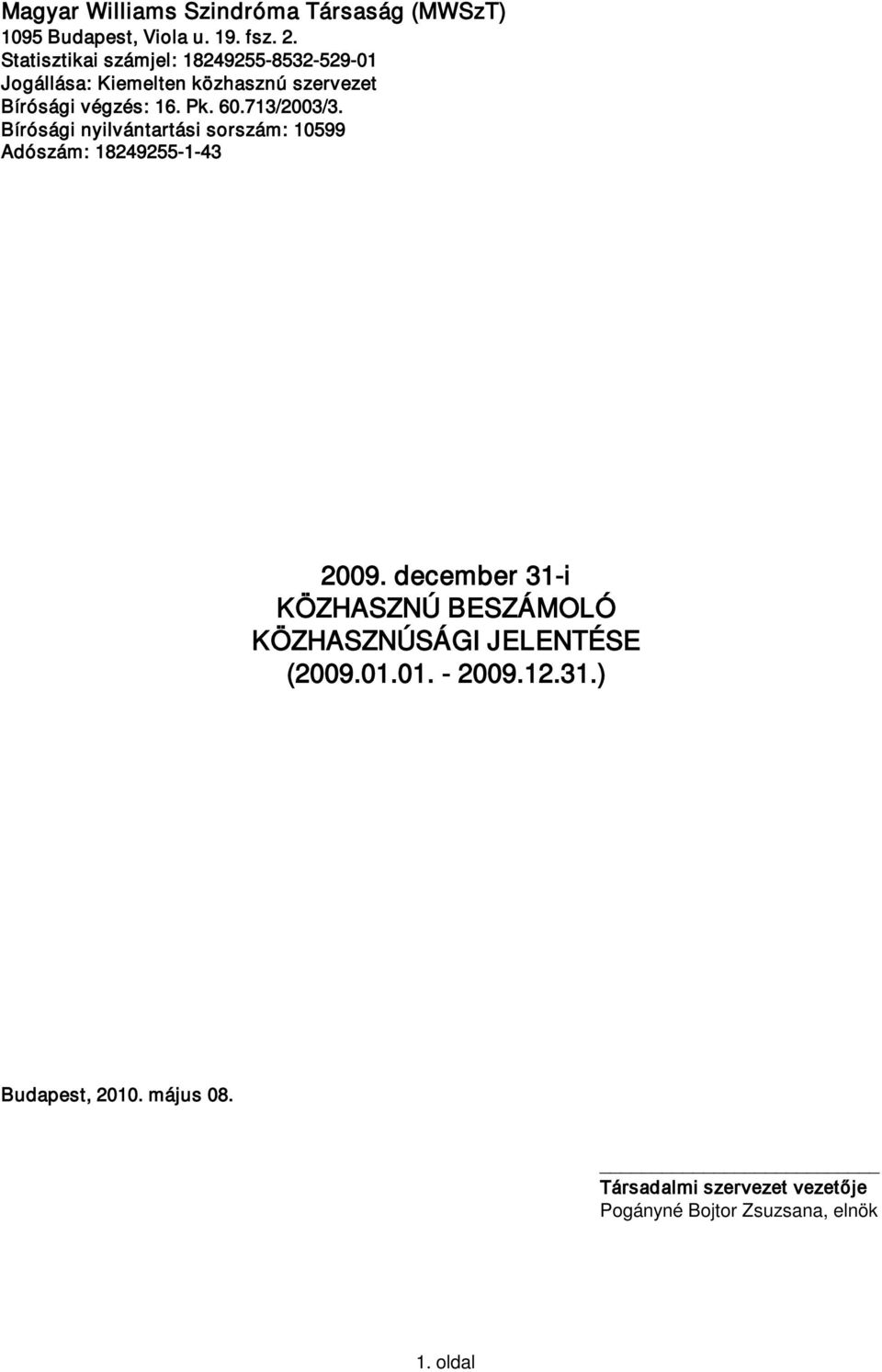 713/2003/3. Bírósági nyilvántartási sorszám: 10599 Adószám: 18249255-1-43 2009.