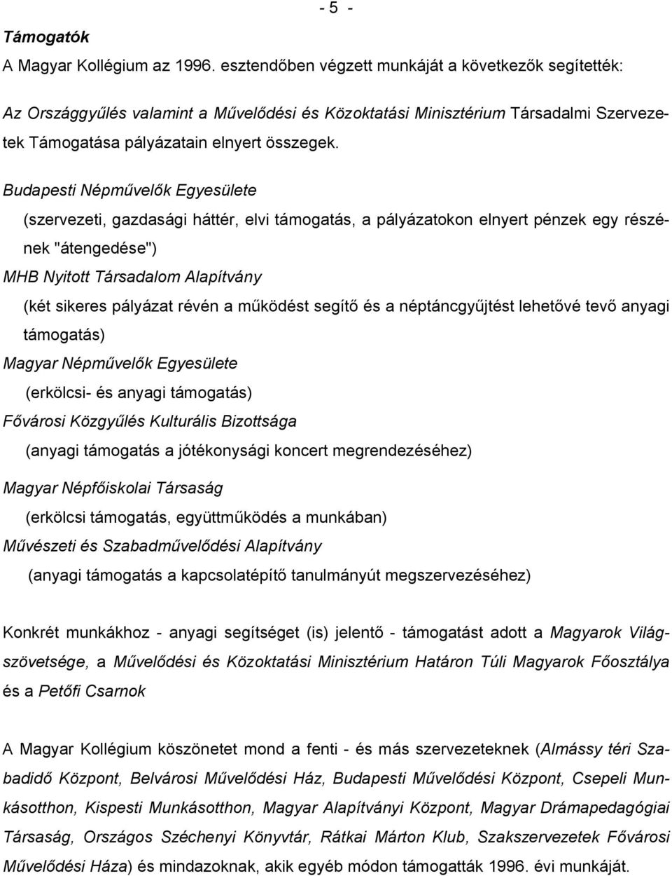 Budapesti Népm vel k Egyesülete (szervezeti, gazdasági háttér, elvi támogatás, a pályázatokon elnyert pénzek egy részének "átengedése") MHB Nyitott Társadalom Alapítvány (két sikeres pályázat révén a