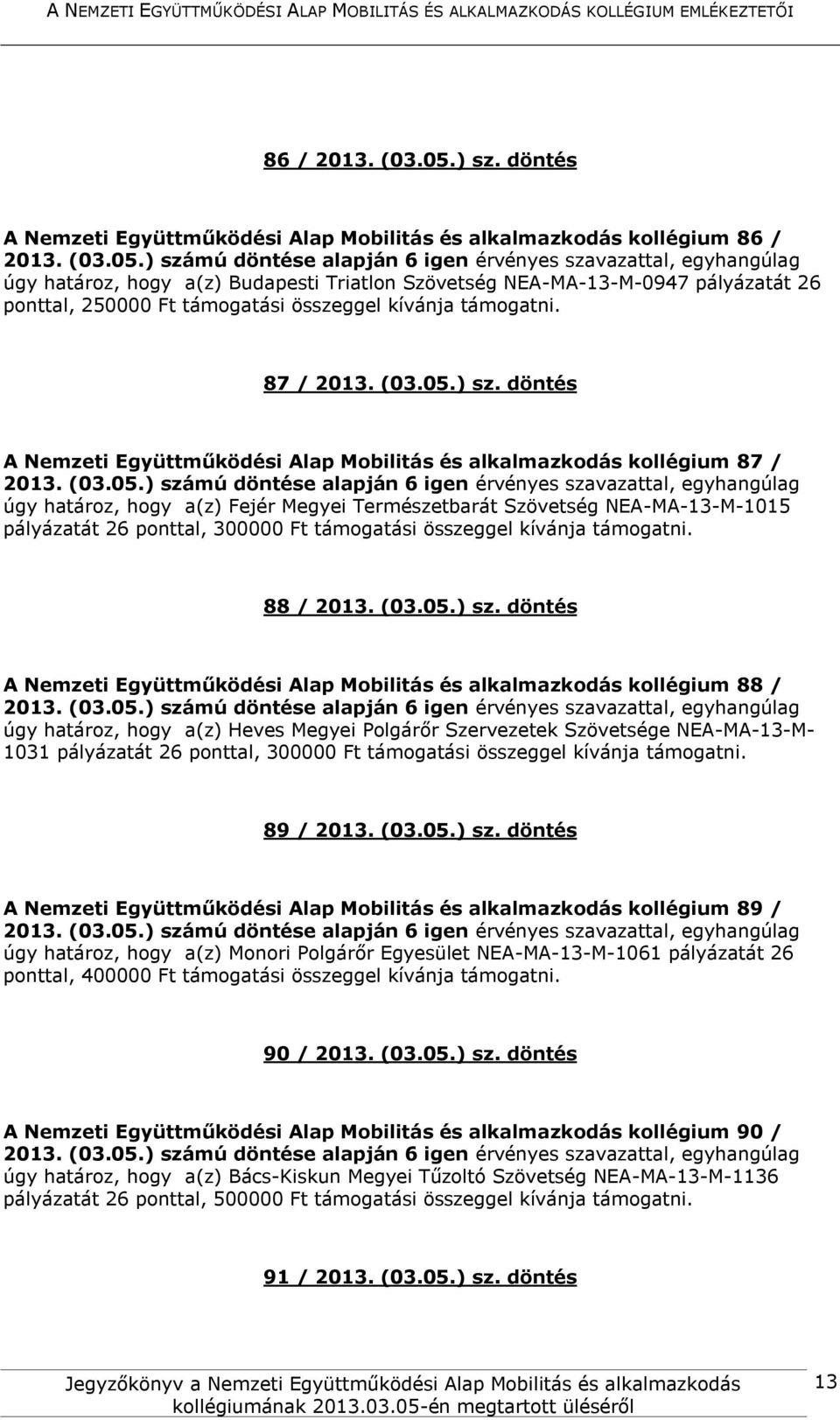 döntés A Nemzeti Együttműködési Alap Mobilitás és alkalmazkodás kollégium 87 / úgy határoz, hogy a(z) Fejér Megyei Természetbarát Szövetség NEA-MA-13-M-1015 pályázatát 26 ponttal, 300000 Ft