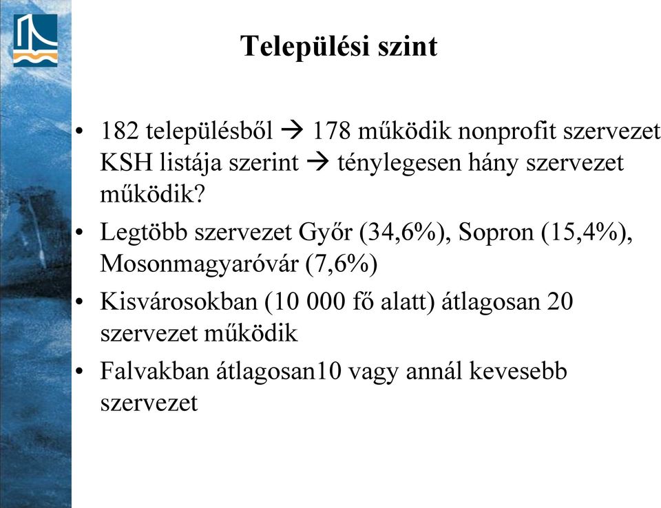 Legtöbb szervezet Győr (34,6%), Sopron (15,4%), Mosonmagyaróvár (7,6%)