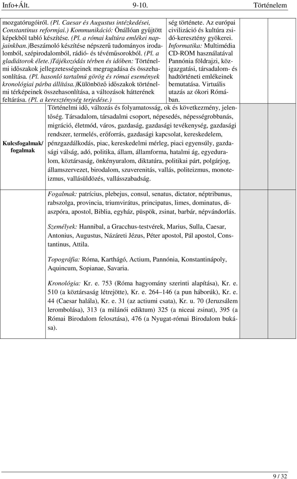 )tájékozódás térben és időben: Történelmi időszakok jellegzetességeinek megragadása és összehasonlítása. (Pl. hasonló tartalmú görög és római események kronológiai párba állítása.