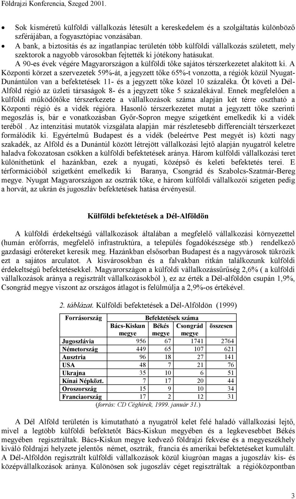 A 90-es évek végére Magyarországon a külföldi tőke sajátos térszerkezetet alakított ki.