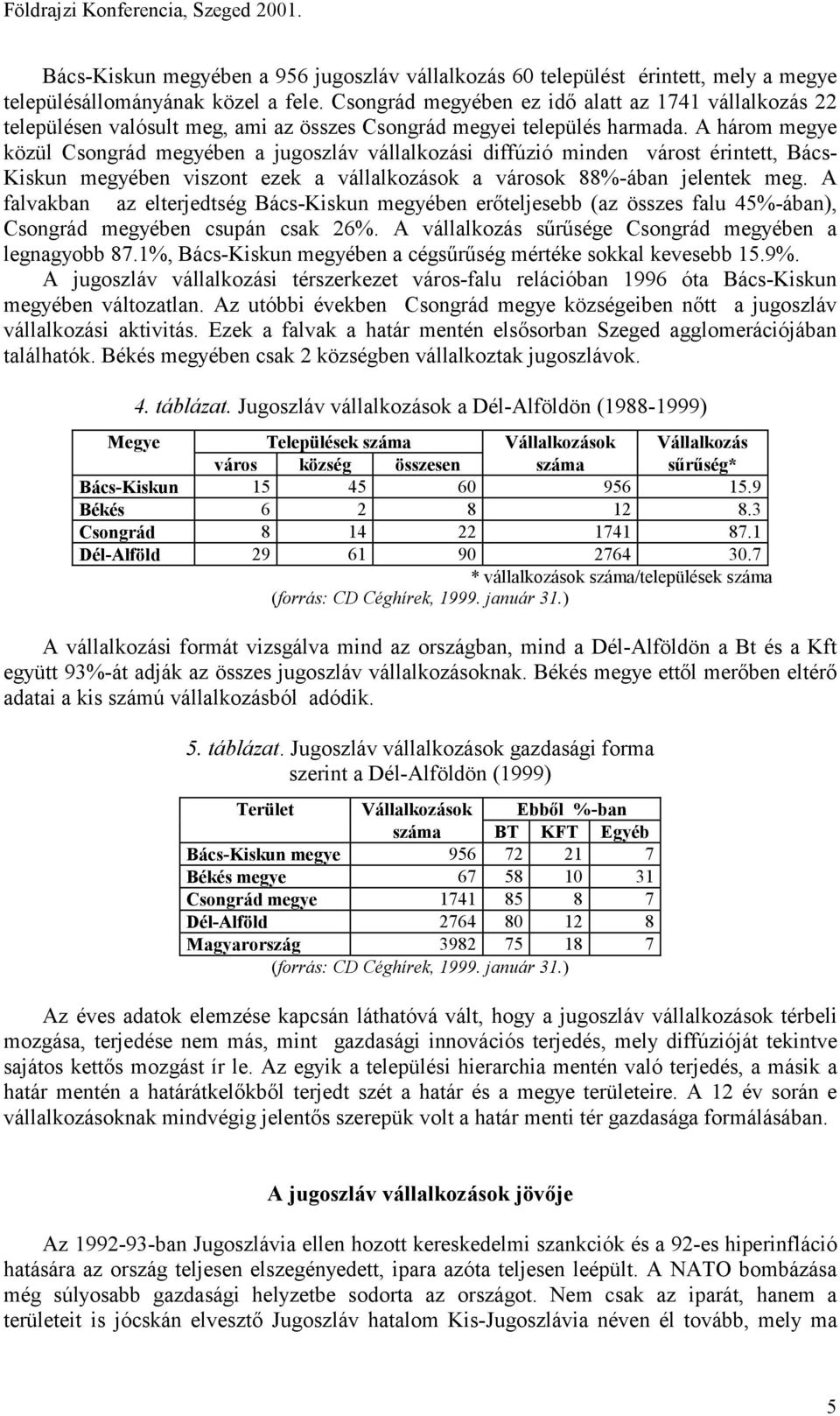A három megye közül Csongrád megyében a jugoszláv vállalkozási diffúzió minden várost érintett, Bács- Kiskun megyében viszont ezek a vállalkozások a városok 88%-ában jelentek meg.