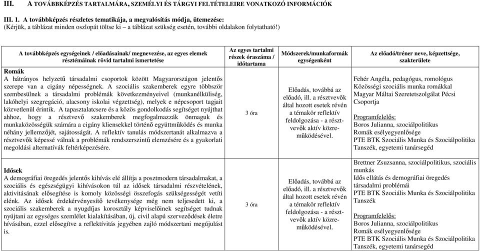 ) A továbbképzés egységeinek / elıadásainak/ megnevezése, az egyes elemek résztémáinak rövid tartalmi ismertetése Romák A hátrányos helyzető társadalmi csoportok között Magyarországon jelentıs