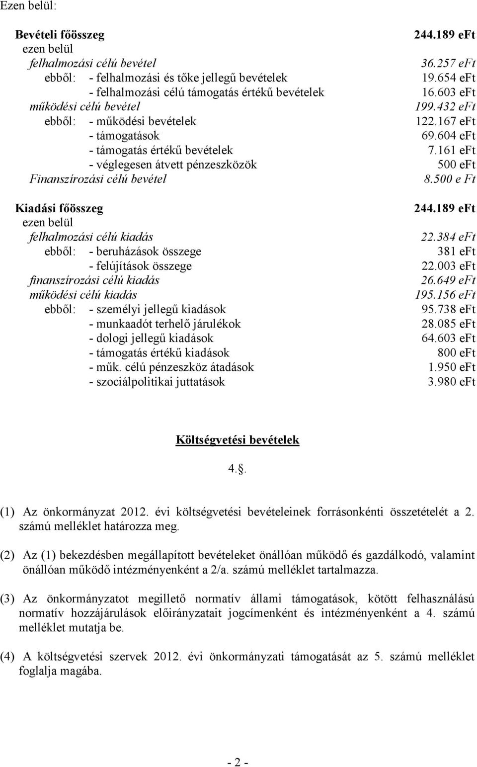 161 eft - véglegesen átvett pénzeszközök 500 eft Finanszírozási célú bevétel 8.500 e Ft Kiadási főösszeg 244.189 eft ezen belül felhalmozási célú kiadás 22.