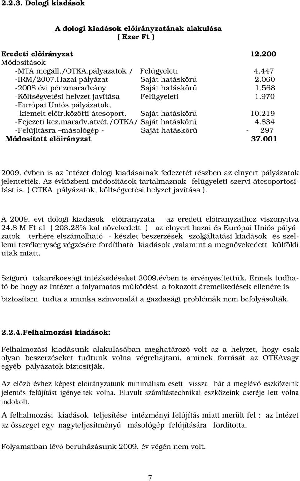 Saját hatáskörű 10.219 -Fejezeti kez.maradv.átvét./otka/ Saját hatáskörű 4.834 -Felújításra másológép - Saját hatáskörű - 297 Módosított előirányzat 37.001 2009.