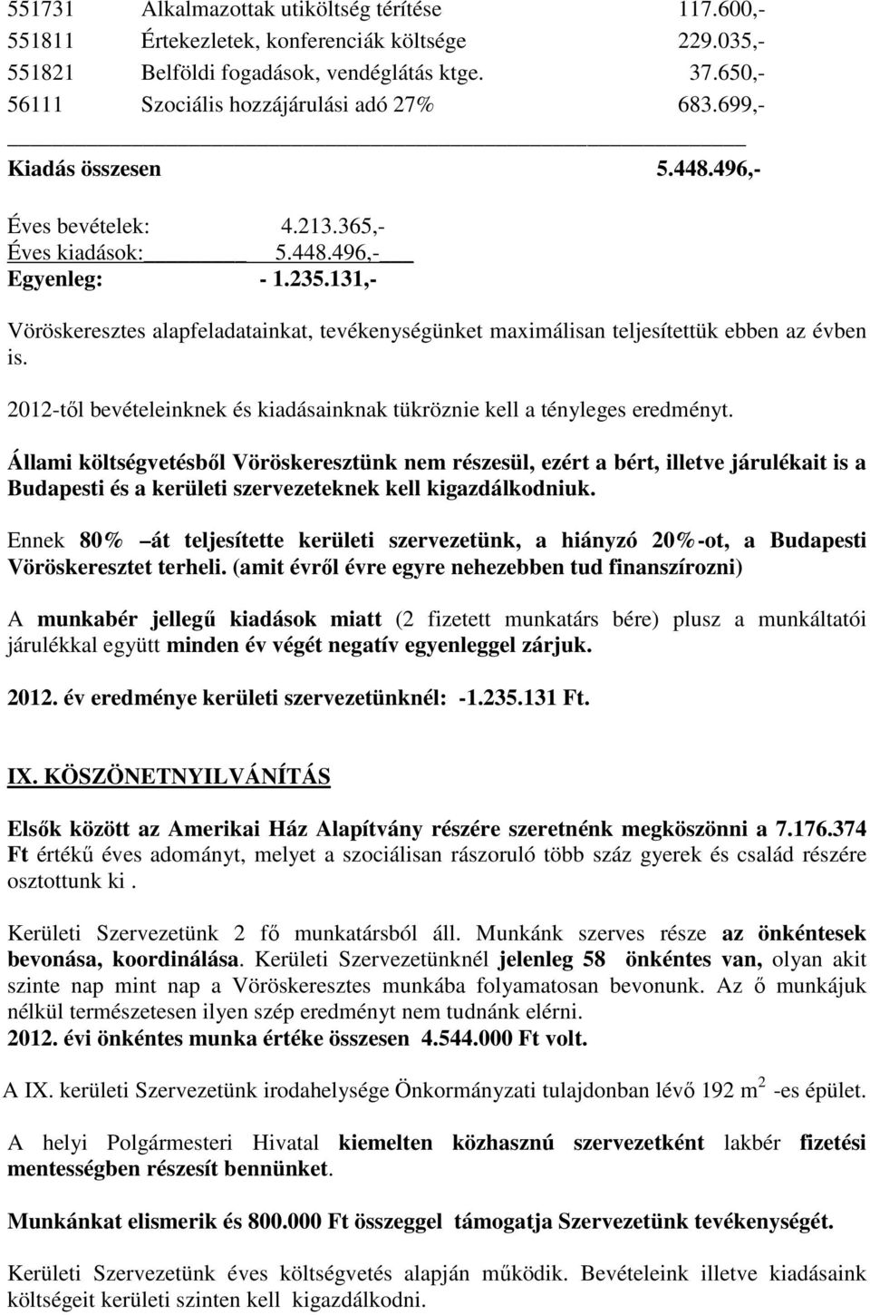 131,- Vöröskeresztes alapfeladatainkat, tevékenységünket maximálisan teljesítettük ebben az évben is. 2012-től bevételeinknek és kiadásainknak tükröznie kell a tényleges eredményt.