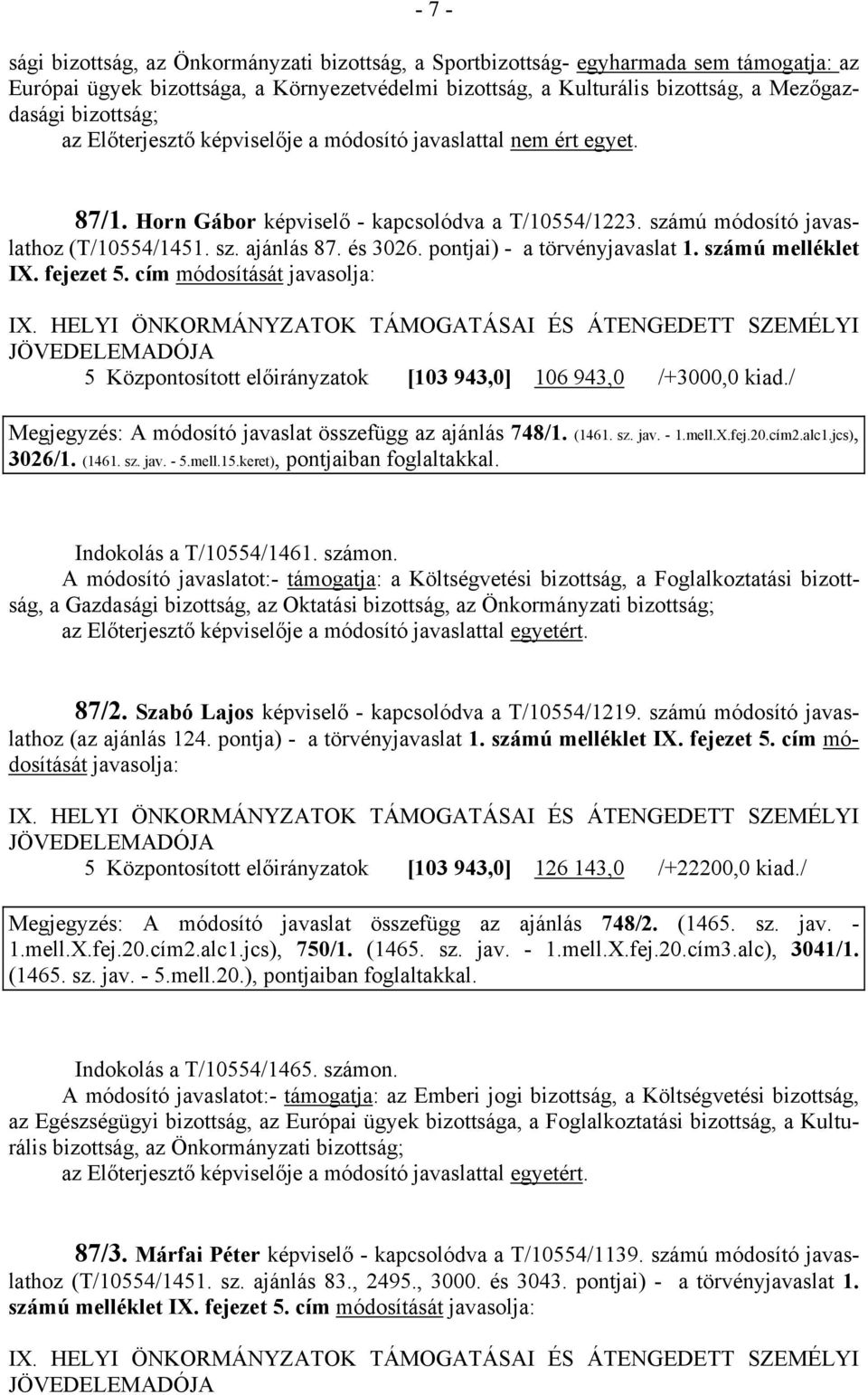cím módosítását javasolja: IX. HELYI ÖNKORMÁNYZATOK TÁMOGATÁSAI ÉS ÁTENGEDETT SZEMÉLYI JÖVEDELEMADÓJA 5 Központosított előirányzatok [103 943,0] 106 943,0 /+3000,0 kiad.