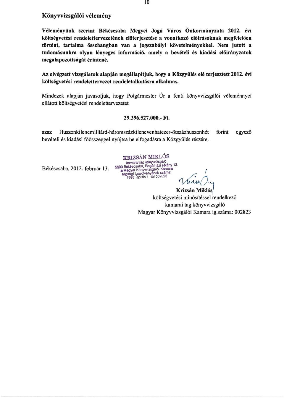 Nem juttt tudmsunkr lyn lenyeges infrmci, mely beveteli es kidsi elirnyztk meglpzttsgt erintene. Az elvegzett vizsgltk lpjn megllpitjuk, bgy Kzgyiiles ele terjesztett 2012.