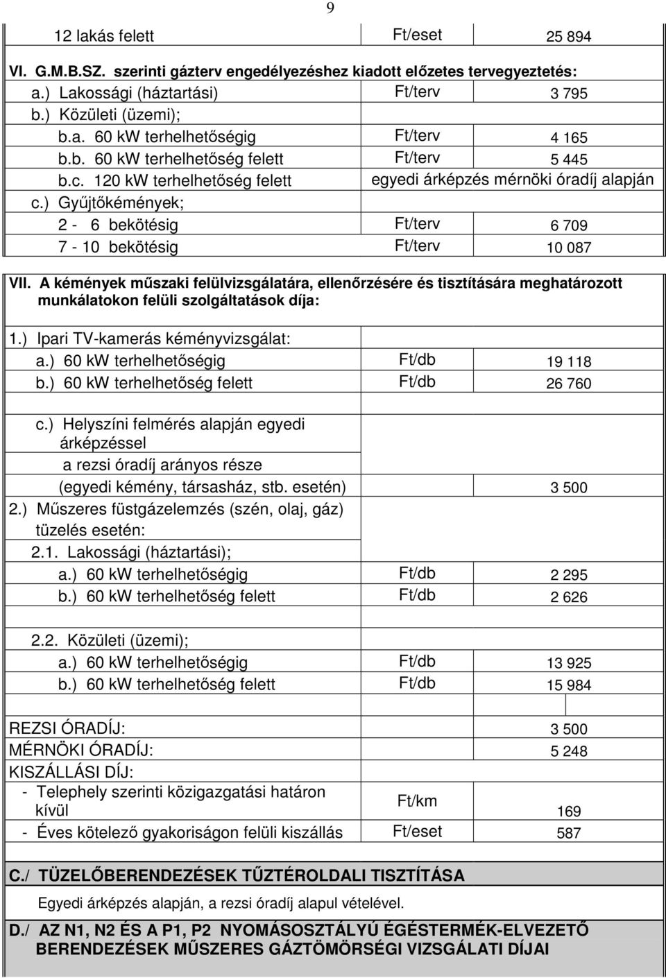 A kémények mőszaki felülvizsgálatára, ellenırzésére és tisztítására meghatározott munkálatokon felüli szolgáltatások díja: 1.) Ipari TV-kamerás kéményvizsgálat: a.