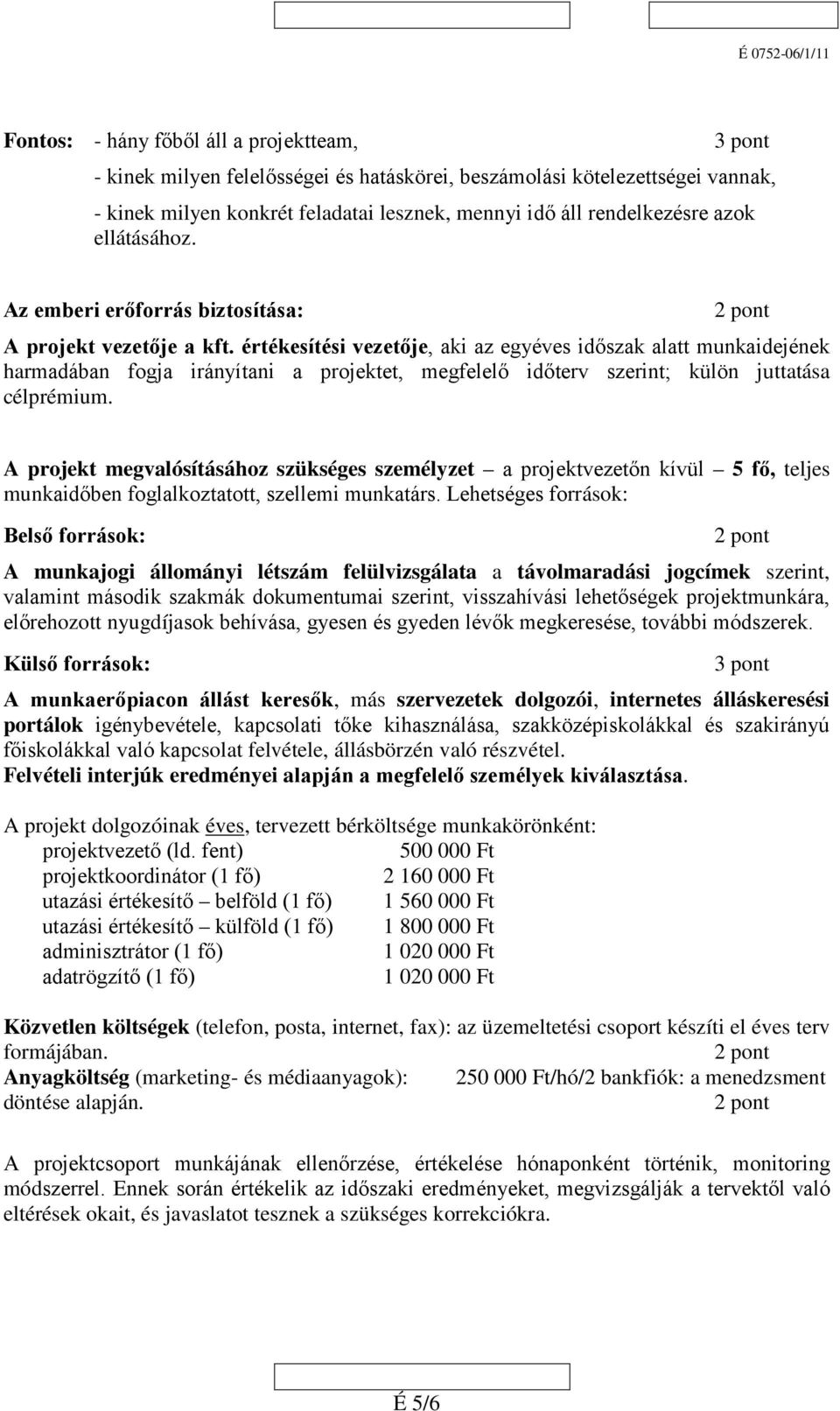 értékesítési vezetője, aki az egyéves időszak alatt munkaidejének harmadában fogja irányítani a projektet, megfelelő időterv szerint; külön juttatása célprémium.