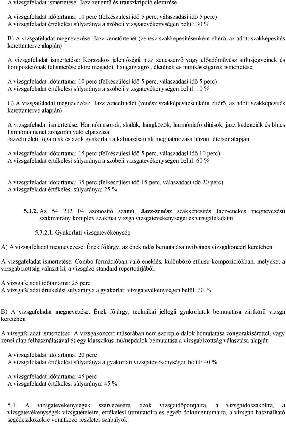 jazz zeneszerző vagy előadóművész stílusjegyeinek és kompozíciónak felismerése előre megadott hanganyagról, életének és munkásságának ismertetése A vizsgafeladat időtartama: 10 perc (felkészülési idő