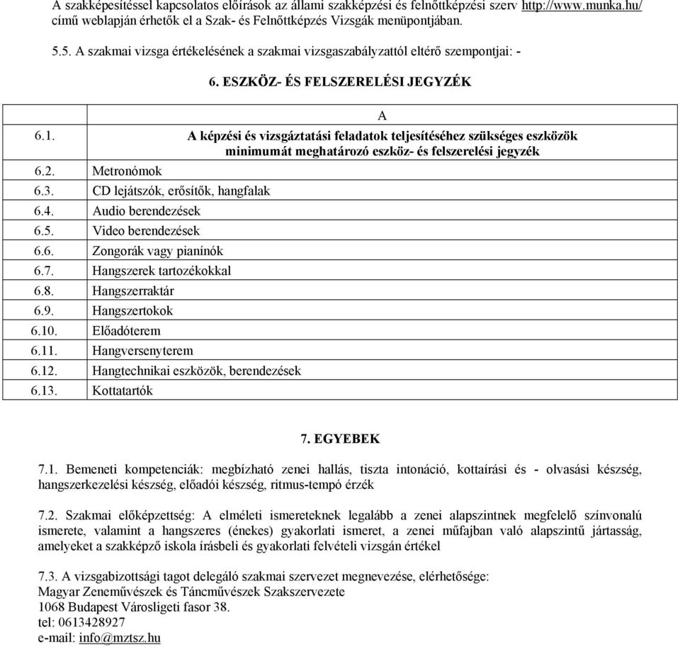 A képzési és vizsgáztatási feladatok teljesítéséhez szükséges eszközök minimumát meghatározó eszköz- és felszerelési jegyzék 6.2. Metronómok 6.3. CD lejátszók, erősítők, hangfalak 6.4.