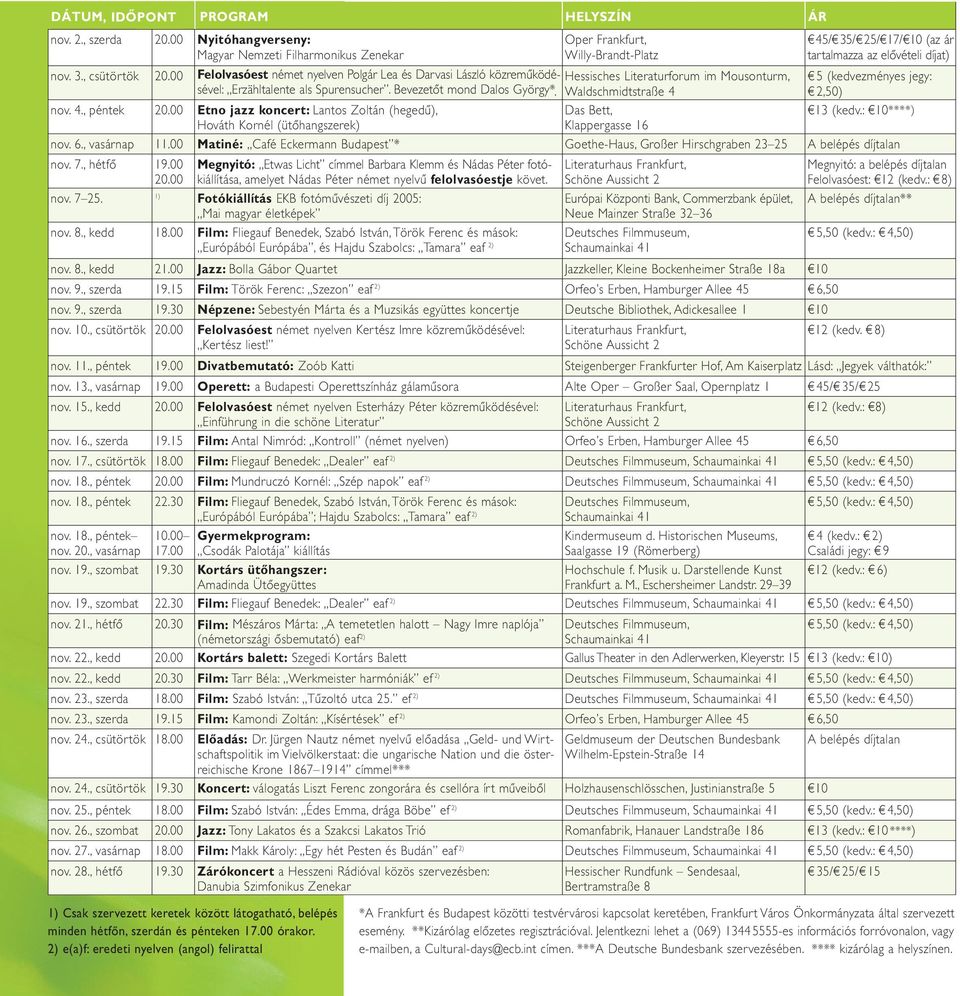 : 10****) nov. 3., csütörtök 20.00 Felolvasóest német nyelven Polgár Lea és Darvasi László közreműködésével: Hessisches Literaturforum im Mousonturm, Erzähltalente als Spurensucher.
