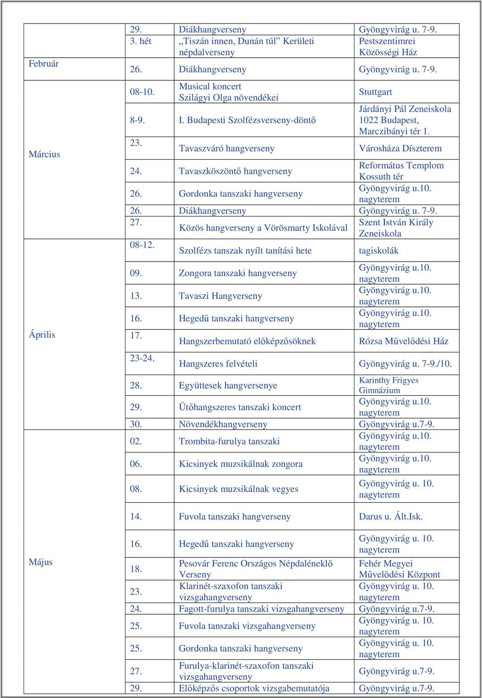 Tavaszköszöntő hang Református Templom Kossuth tér 26. Gordonka tanszaki hang 26. Diákhang Gyöngyvirág u. 7-9. 27. Szent István Király Közös hang a Vörösmarty Iskolával Zeneiskola 08-12.